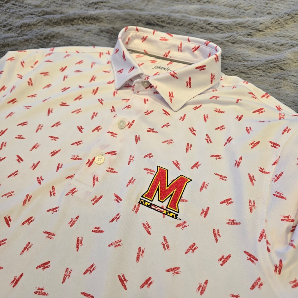 Johnnie-O Maryland Terrapins Mens Small Red Surfboard‎ Print Golf Polo Shirt